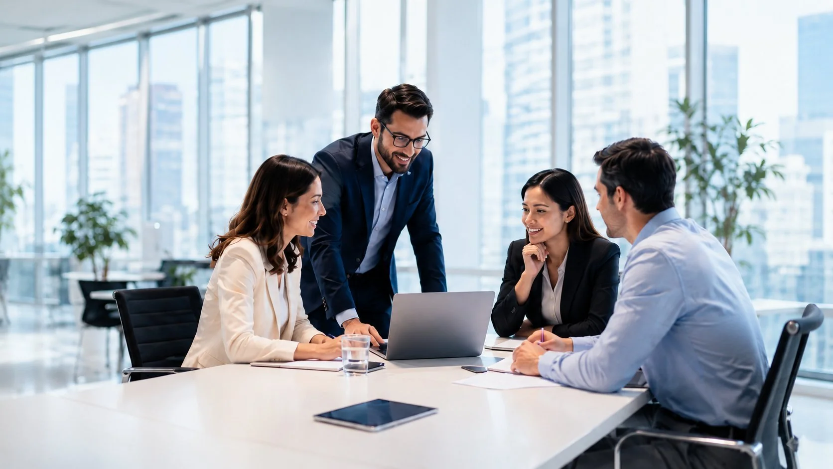 Équipe professionnelle collaborant autour d’un ordinateur portable dans un bureau lumineux, entourée d’indicateurs d’automatisation IA